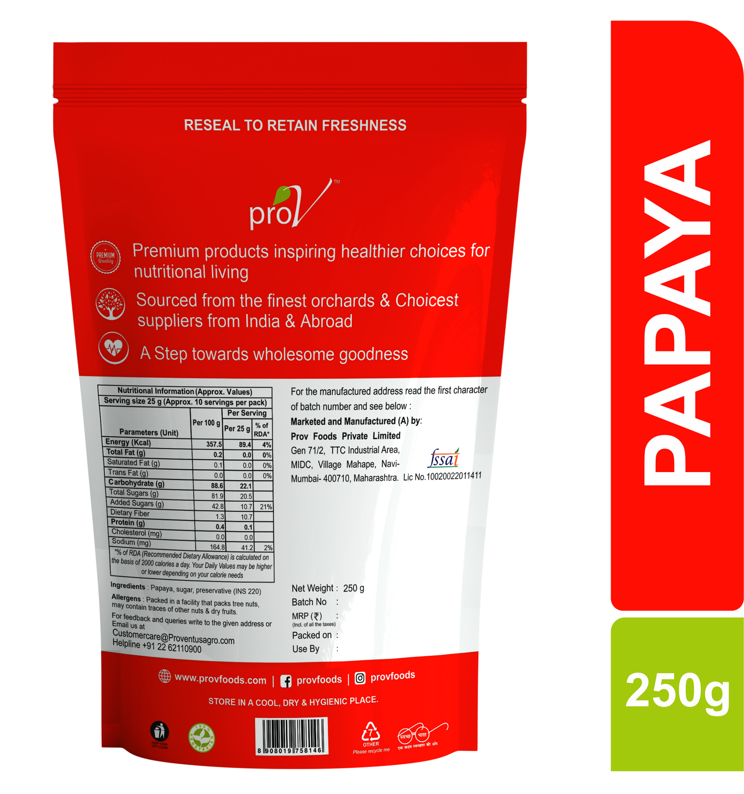 ProV Premium Papaya Sliced 250gms Dried Fruits Dried Fruits