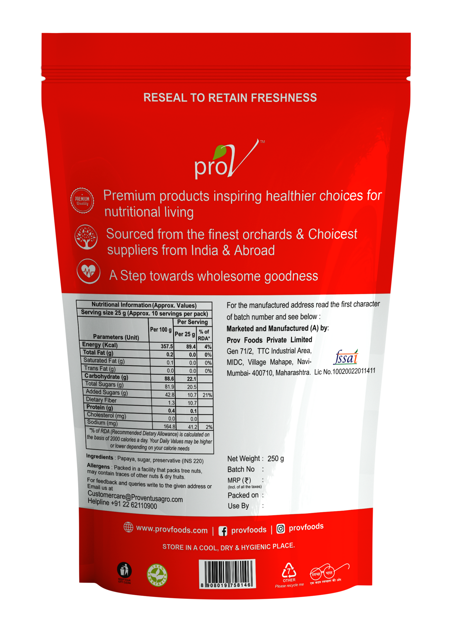 ProV Premium Papaya Sliced 250gms Dried Fruits Dried Fruits