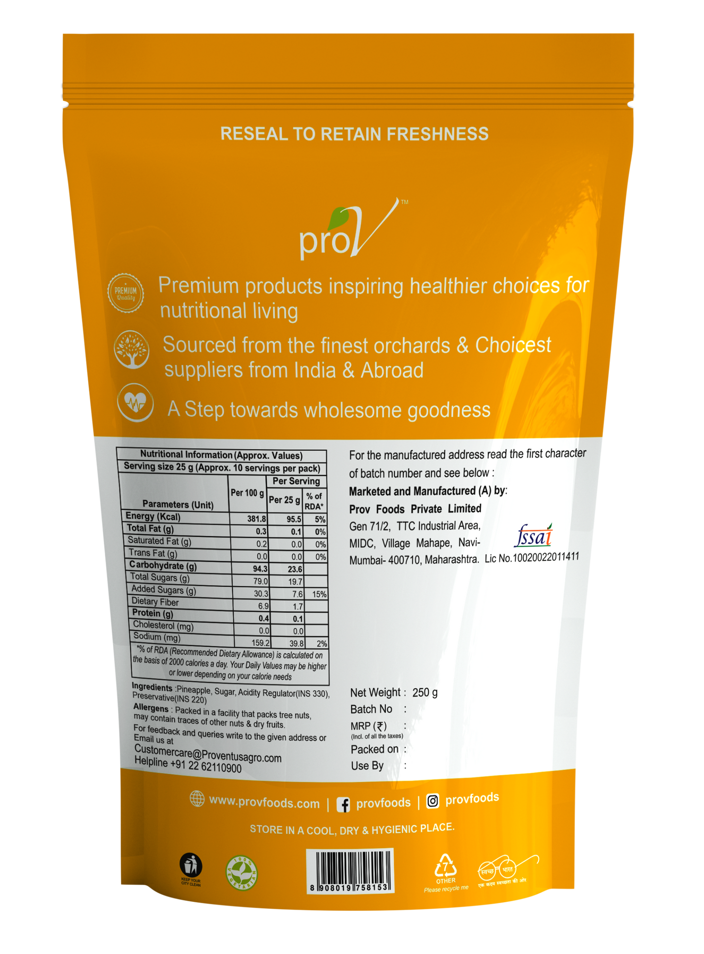 ProV Premium Pineapple Diced 250gms Dried Fruits Dried Fruits
