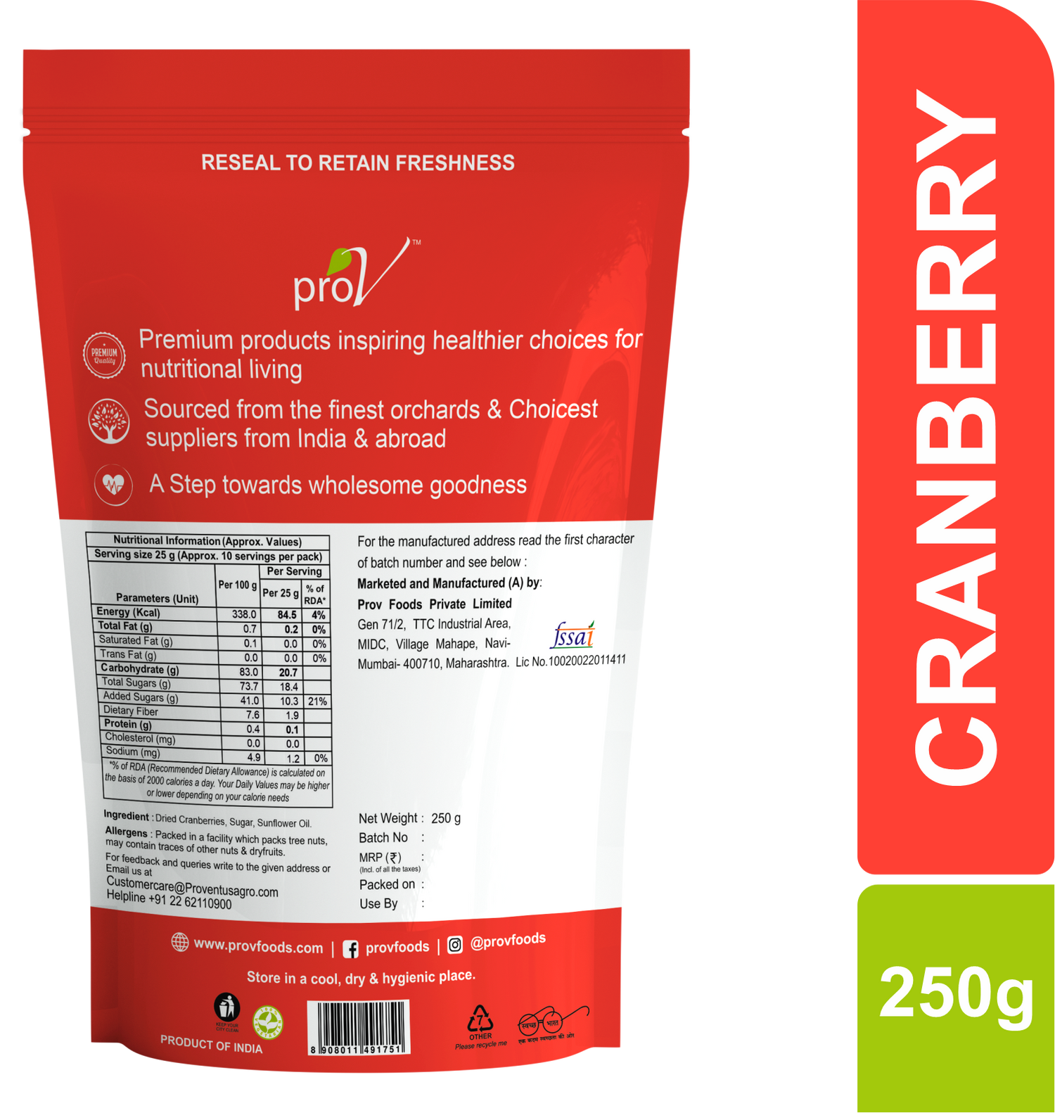 ProV Premium Cranberry Dried 250g Berries Berries